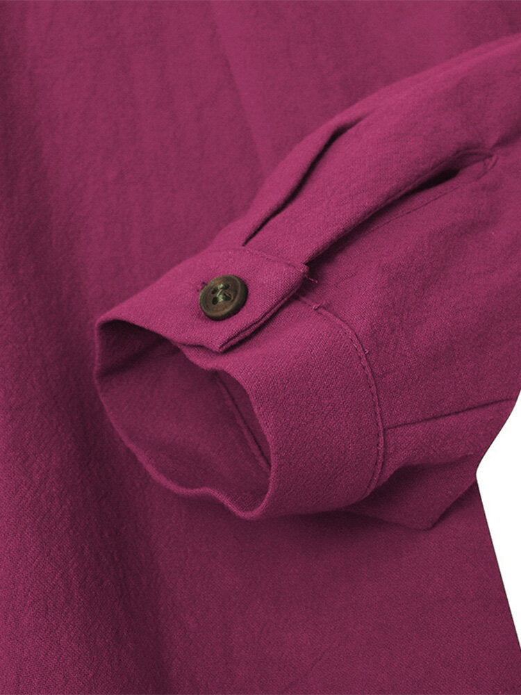 Solid Stand Collar Button Front Long Sleeve Blouse