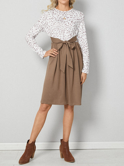 Leopard Check Stitch Bowknot Long Sleeve Crew Neck Dress