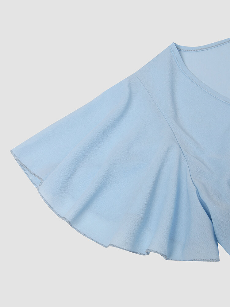 Solid Ruffle Short Sleeve Wrap V-neck Belt  Women Dress