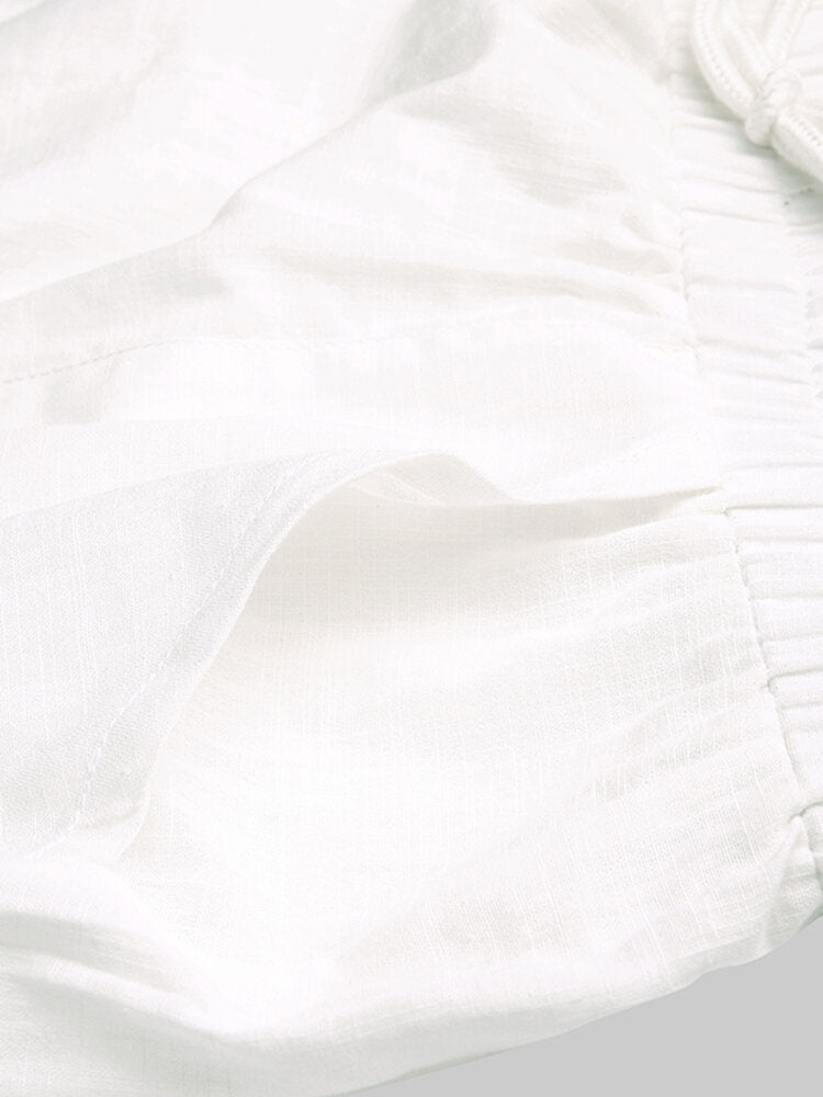 Solid Drawstring Waist Pocket Wide Leg Pants For Women