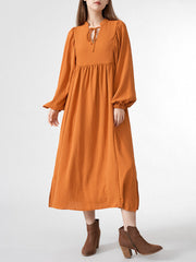 Solid Slit Tie Front Long Sleeve V-neck Casual Women Dress