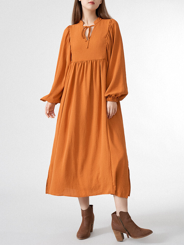 Solid Slit Tie Front Long Sleeve V-neck Casual Women Dress