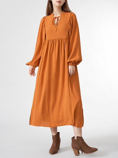 Solid Slit Tie Front Long Sleeve V-neck Casual Women Dress