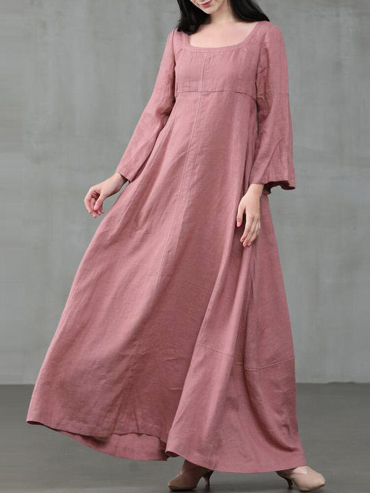 Solid Color A-Line Maxi Dress with Long Sleeves