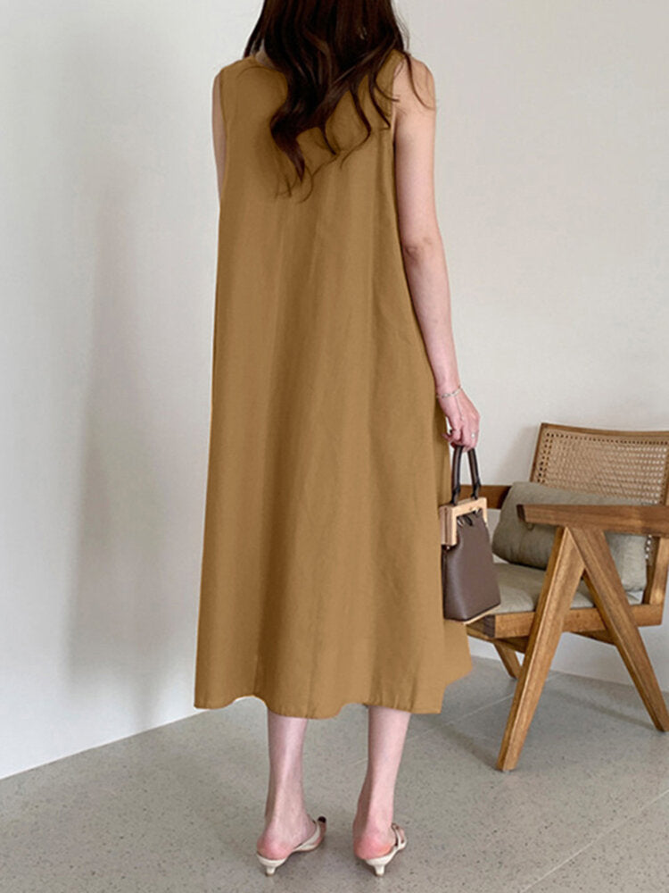 Solid O-neck Pleated Sleeveless Pocket Women Casual Dress