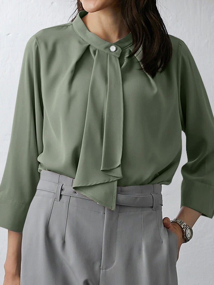 Solid Ruffle Slit 3/4 Sleeve Blouse For Women