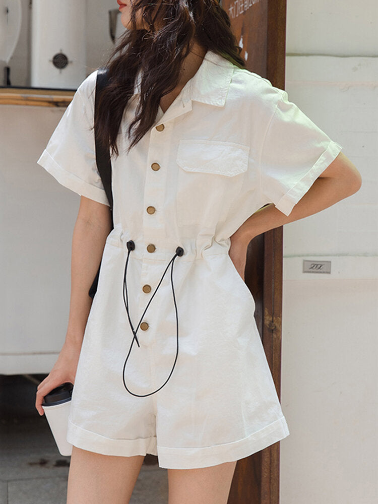 Solid Drawstring Waist Pocket Lapel Short Sleeve Cargo  Women Romper