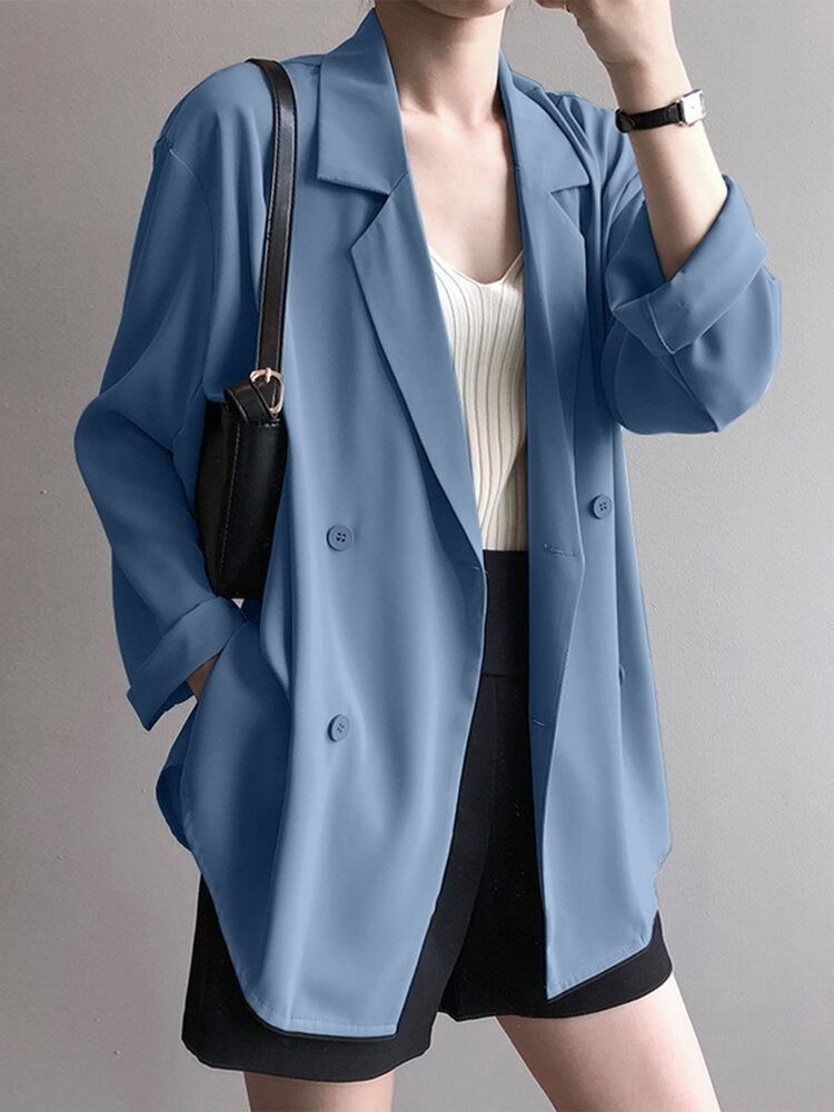 Solid Double Breasted Lapel Long Sleeve Blazer