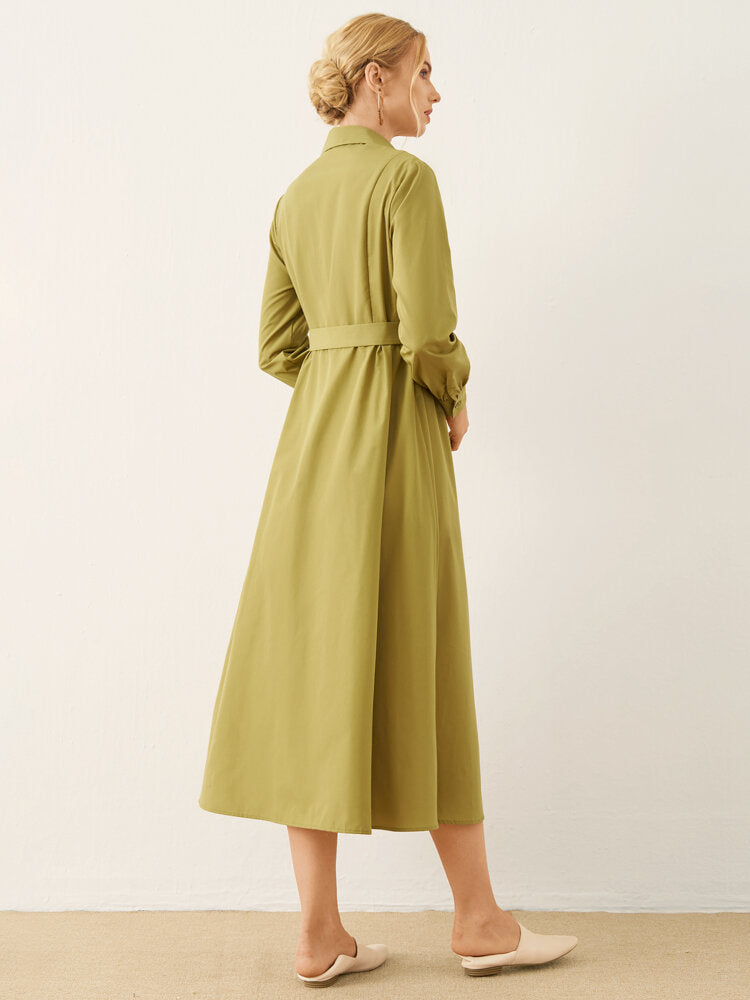 Solid Long Sleeve Button Front Lapel Women Dress
