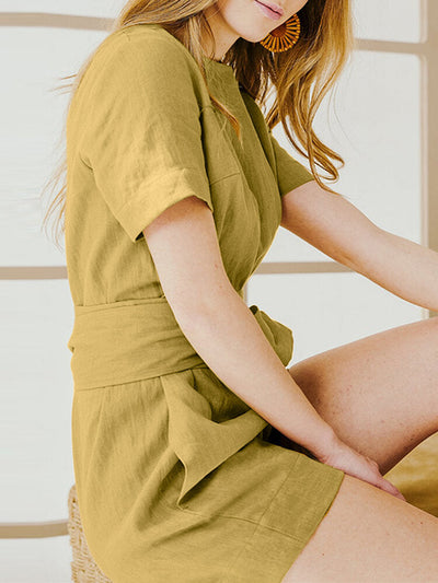 Women Solid Pocket Casual Romper With Belt