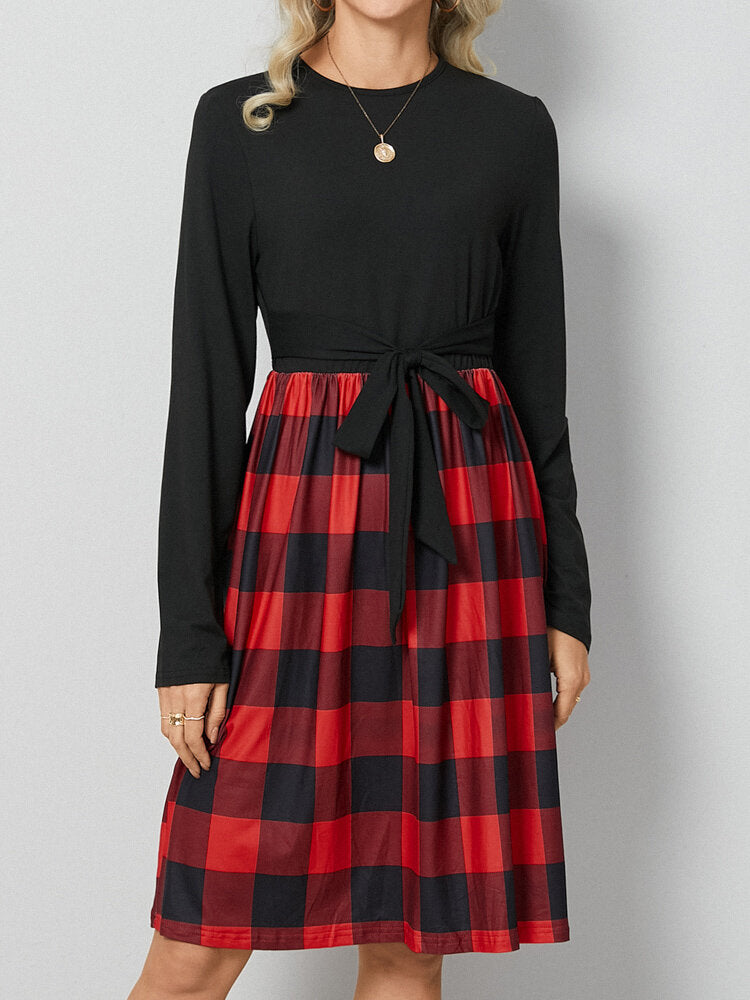 Leopard Check Stitch Bowknot Long Sleeve Crew Neck Dress