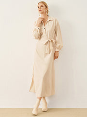 Solid Long Sleeve Button Lapel With Belt Women Dress