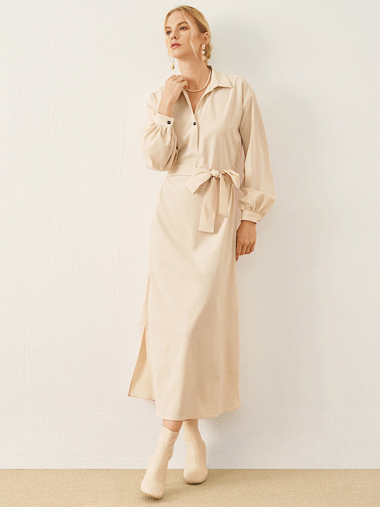 Solid Long Sleeve Button Lapel With Belt Women Dress