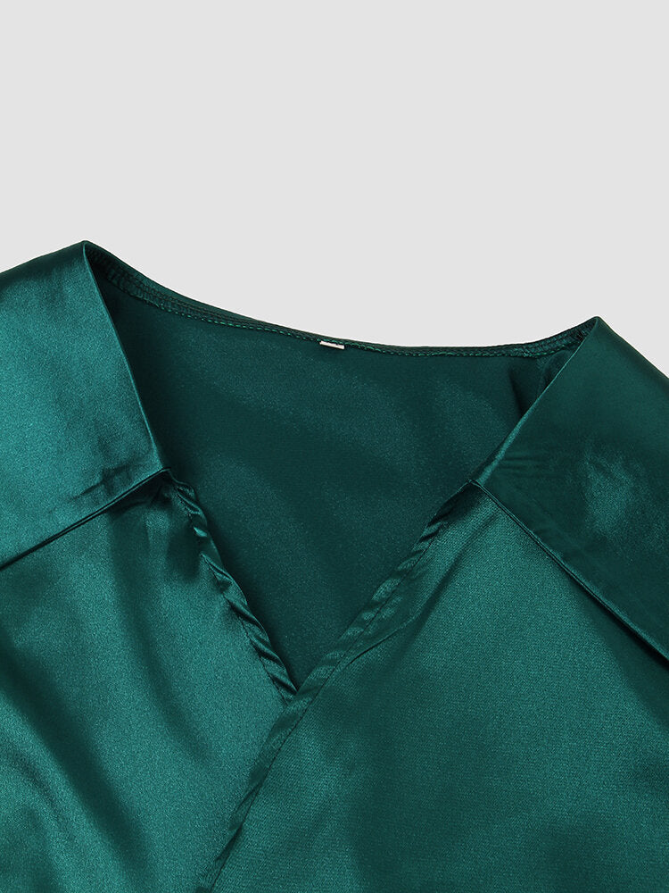 Satin Solid Twisted Tie Back Puff Sleeve Lapel Crop Top