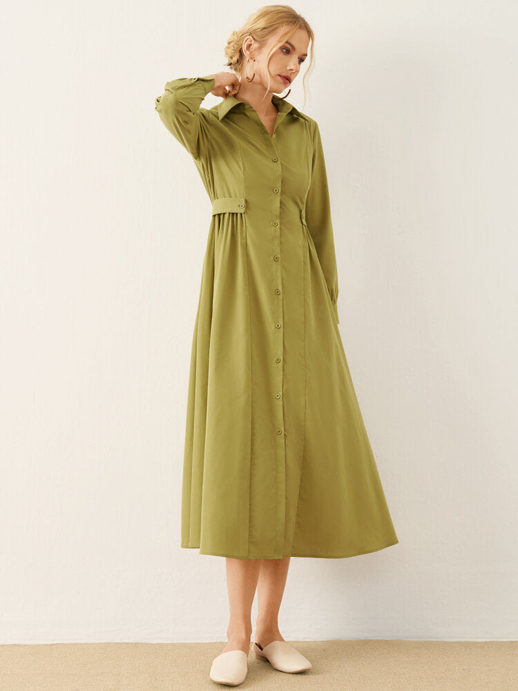 Solid Long Sleeve Button Front Lapel Women Dress