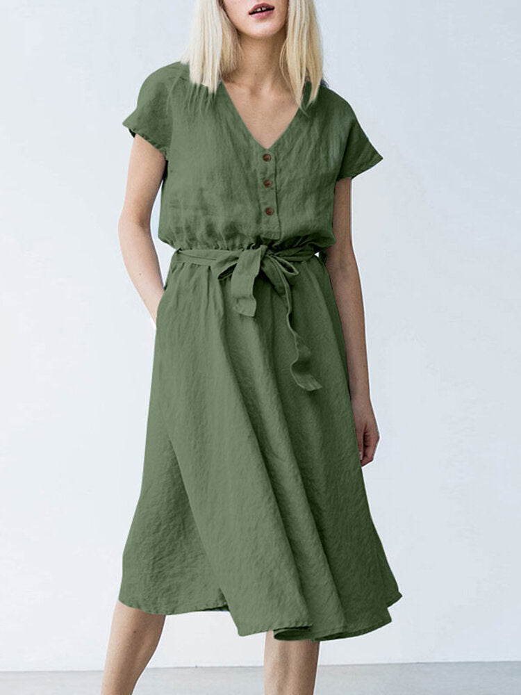 Short Sleeve Midi Dress with Belt and Pockets for Women