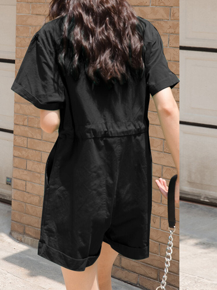 Solid Drawstring Waist Pocket Lapel Short Sleeve Cargo  Women Romper