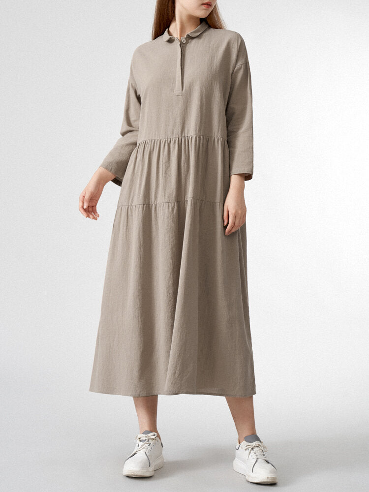 Solid Lapel Button Loose Vintage Dress For Women