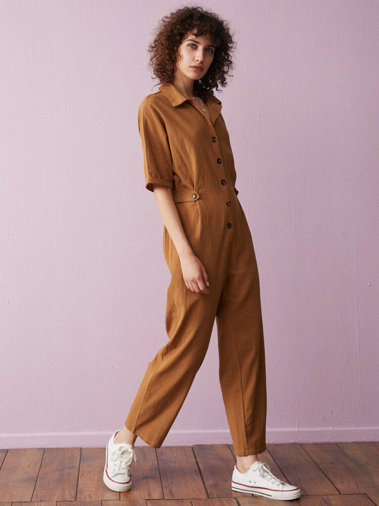 Solid Cotton Button Front Lapel Half Sleeve  Women Jumpsuits