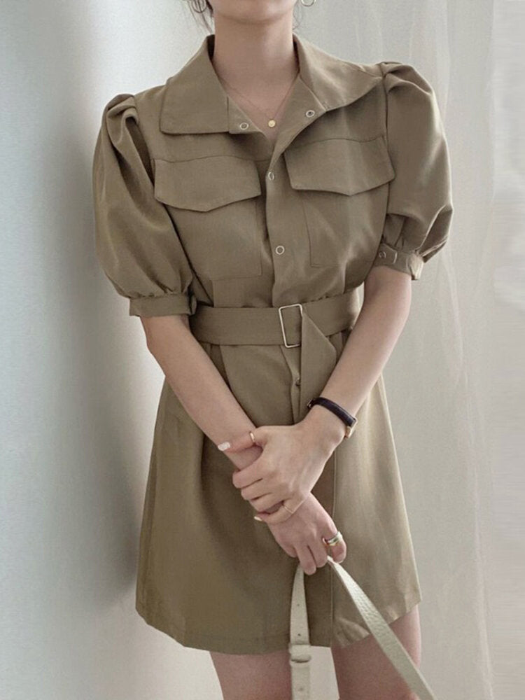 Solid Puff Sleeve Lapel Button Casual  With Belt Women Dress