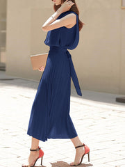 Solid Cut Out Back Pleated Sleeveless High Waist Tie Women Dress