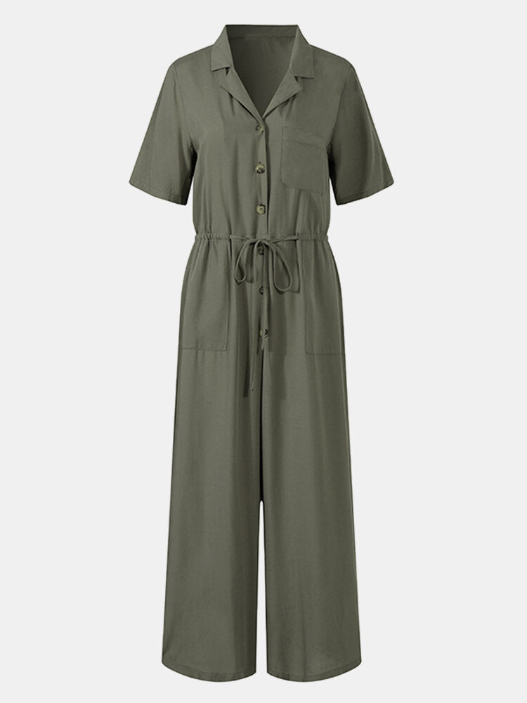 Solid Color Lapel Collar Button Short Sleeve  With Pocket Women Jumpsuits