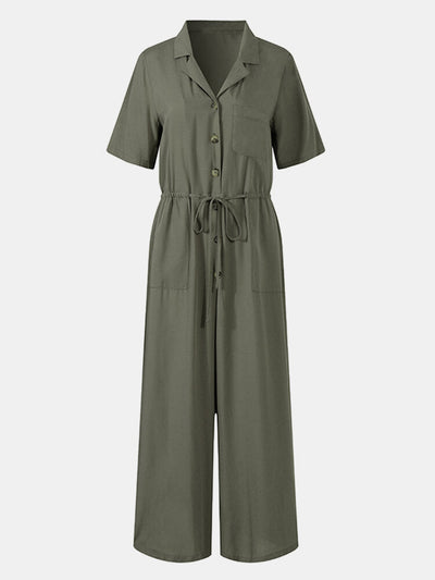 Solid Color Lapel Collar Button Short Sleeve  With Pocket Women Jumpsuits