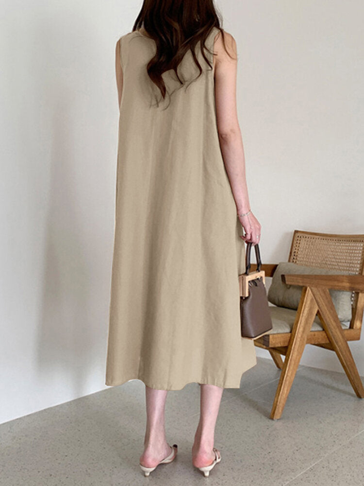 Solid O-neck Pleated Sleeveless Pocket Women Casual Dress