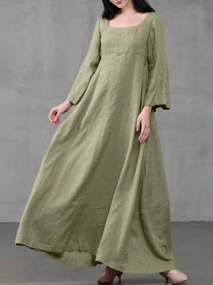 Solid Color A-Line Maxi Dress with Long Sleeves