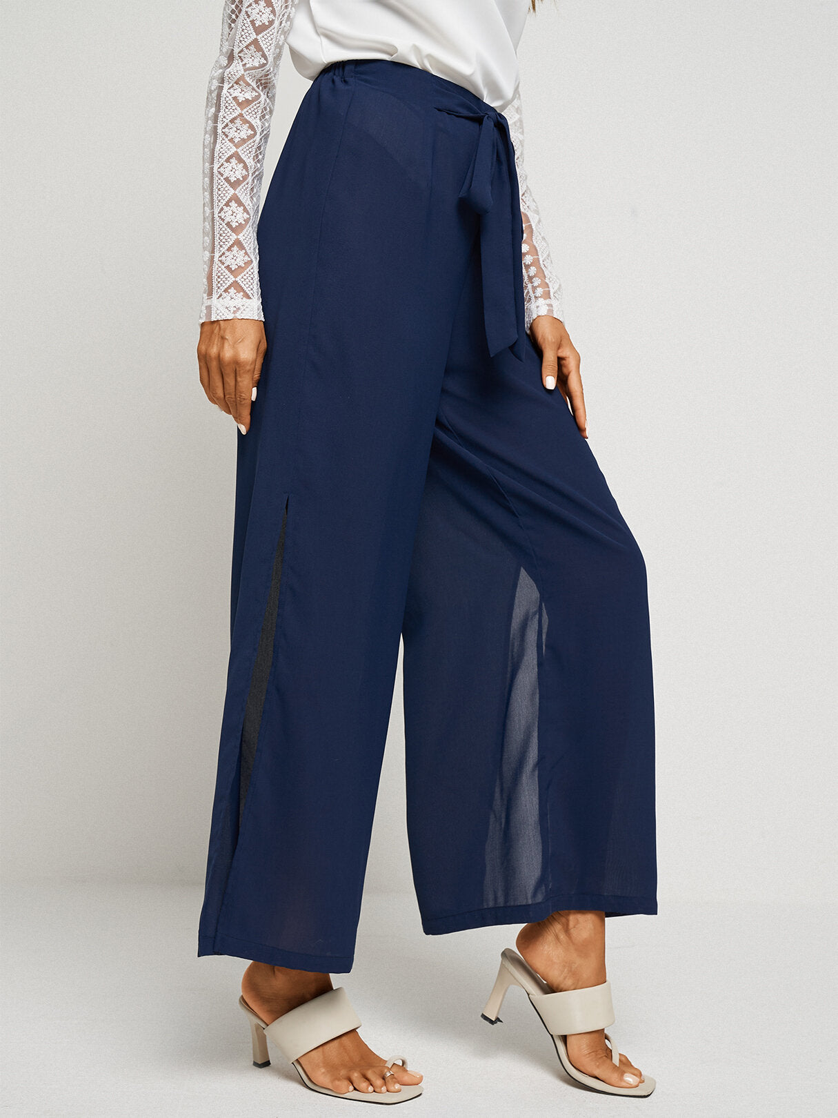 Solid Color Knotted Waist Slit Hem Wide Leg Pants