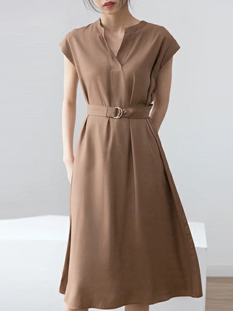Solid Notch Neck Short Sleeve With Belt Women Dress