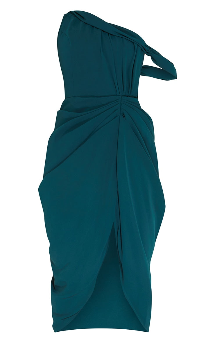 Black Chiffon Asymmetric Strap Draped Midi Dress