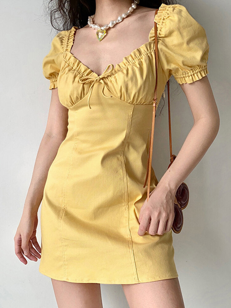 Solid Puff Sleeve Tie Front Lettuce Edge  Women Dress
