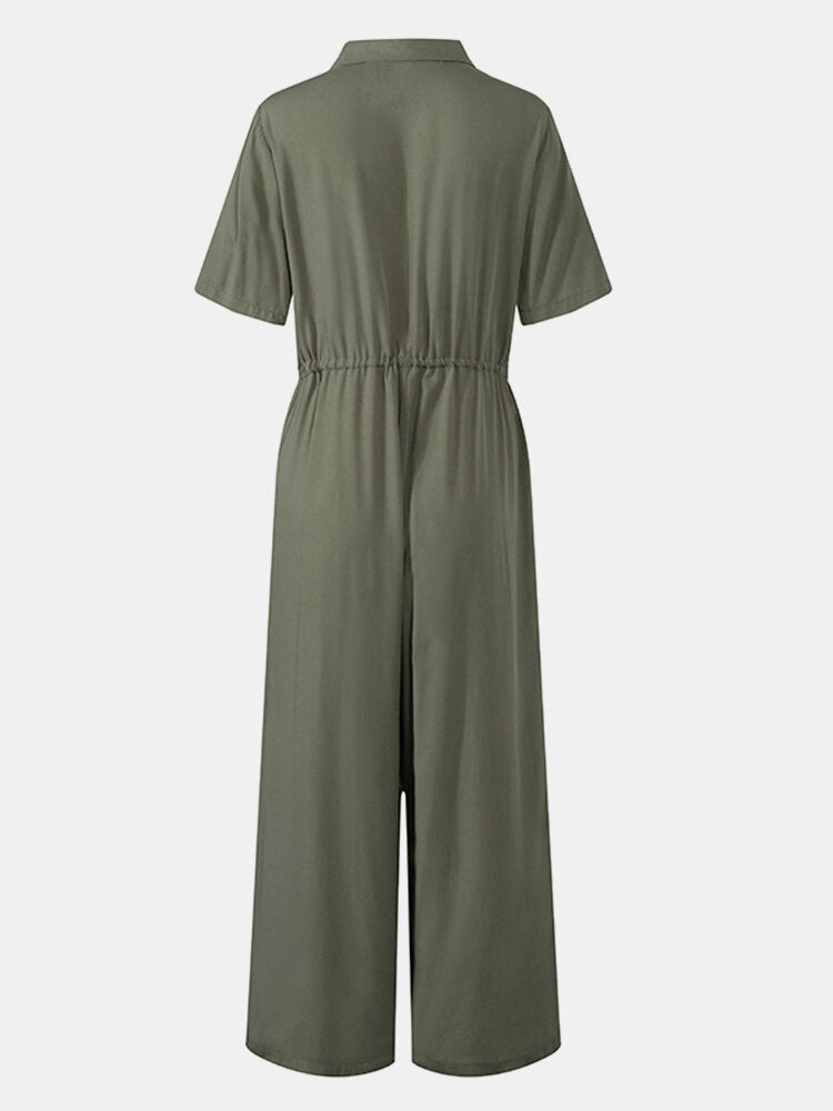 Solid Color Lapel Collar Button Short Sleeve  With Pocket Women Jumpsuits