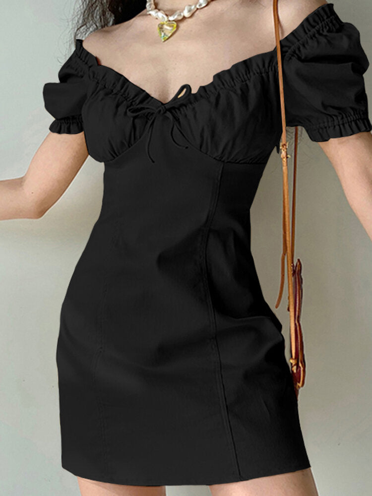 Solid Puff Sleeve Tie Front Lettuce Edge  Women Dress
