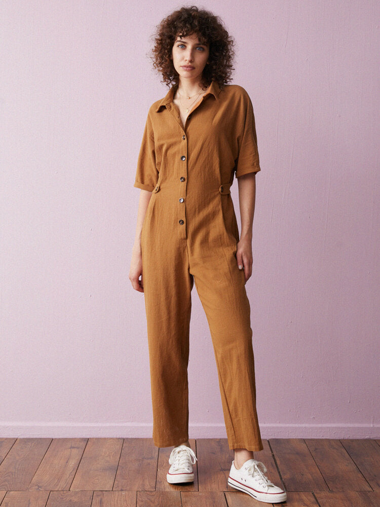 Solid Cotton Button Front Lapel Half Sleeve  Women Jumpsuits