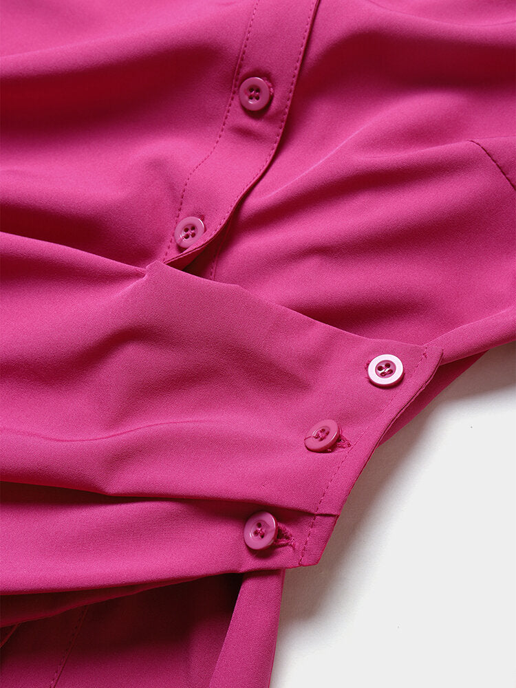 Solid Color Button Front Lapel Collar Long Sleeve Women Dress