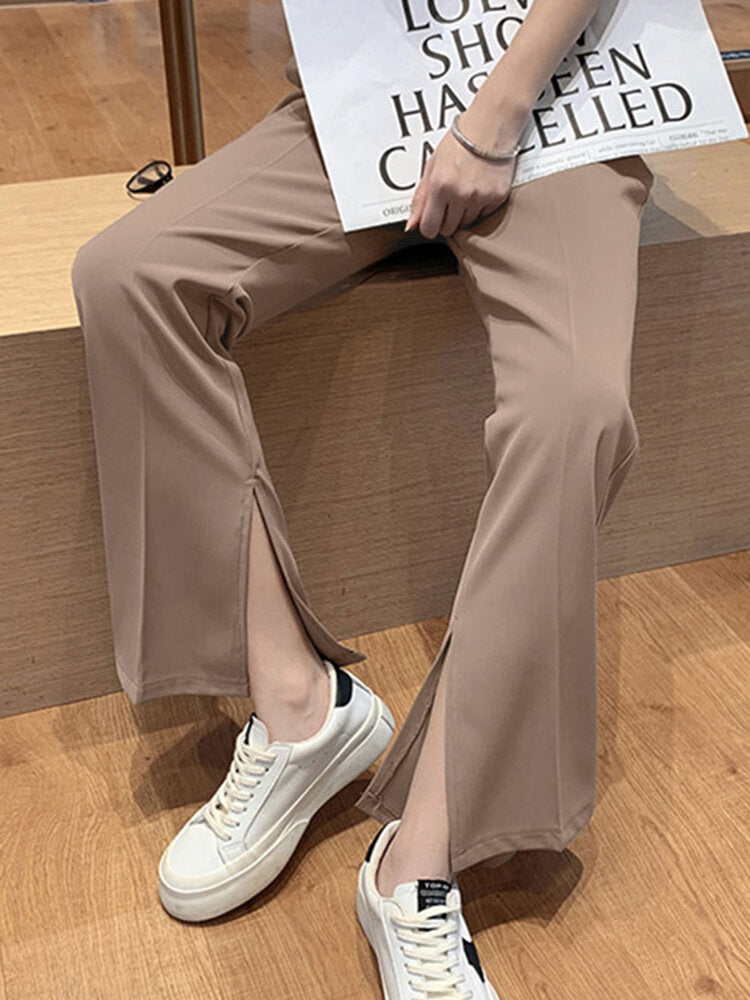 Solid Pocket High Waist Double Slit Hem Tailored Pants