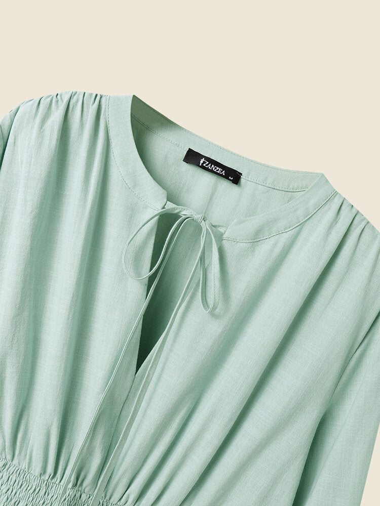 Solid Shirred Long Sleeve Knotted Front V-neck Women Dress