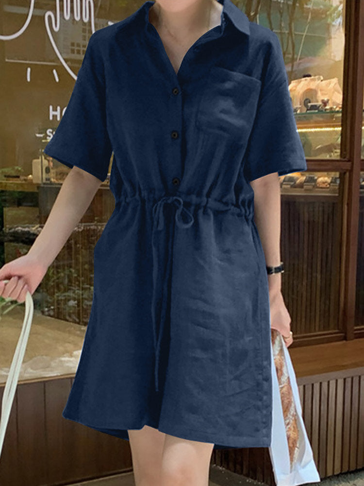 Solid Drawstring Waist Pocket Button Front Lapel Cargo  Women Romper
