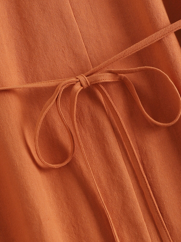 Solid Tie Back Button Front Short Sleeve Stand Collar  Women Dress