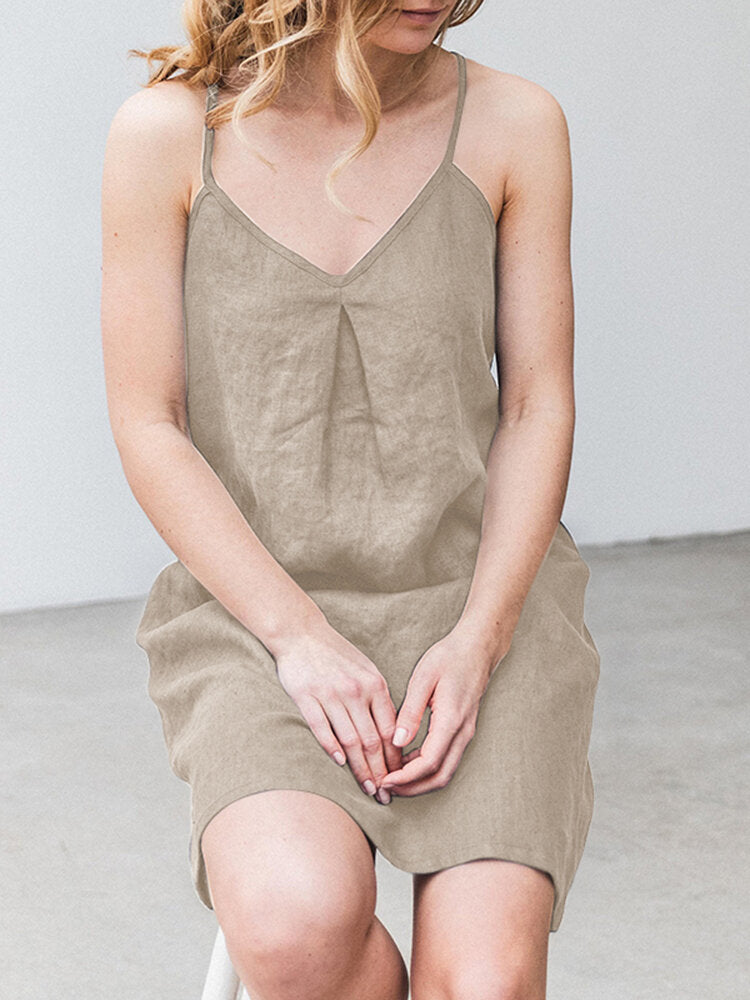 Solid Pocket Spaghetti Strap Backless Dress For Women