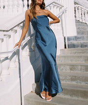 Mid Blue Maxi Dress Made in Satin for Women