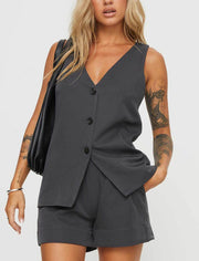 Grey Button Up Vest Blouse and short set