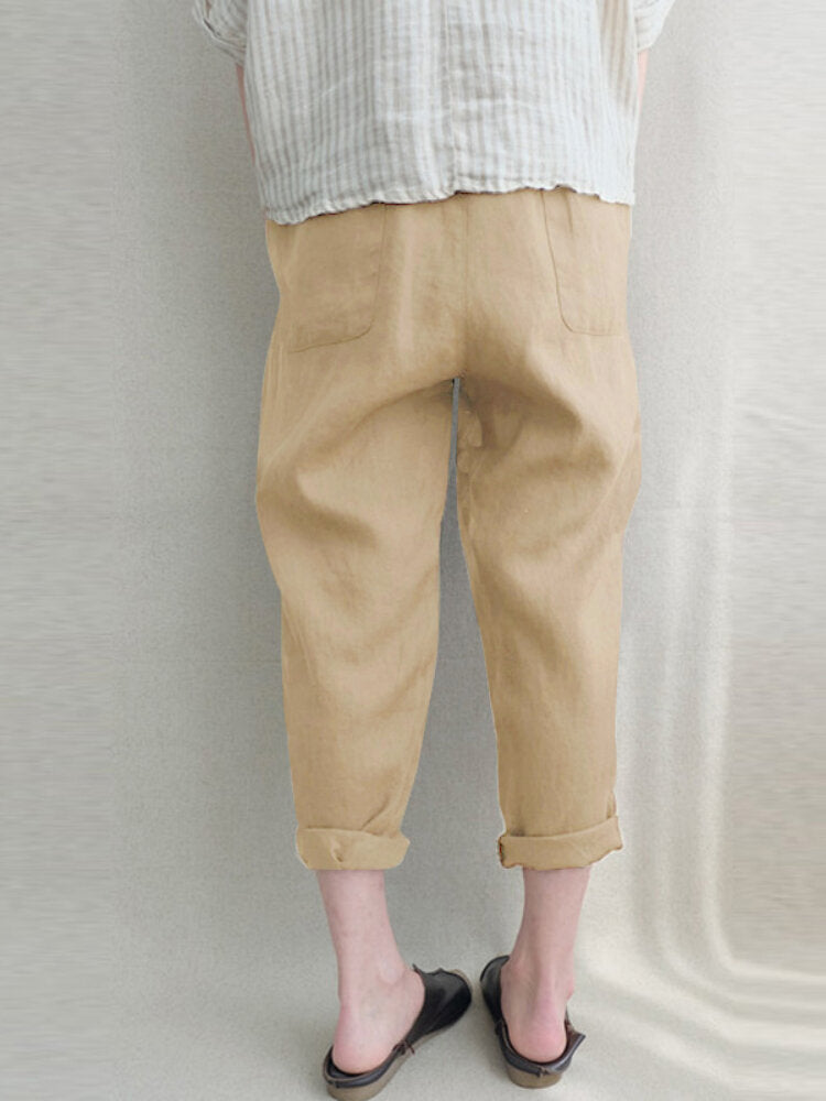 Plain Elastic Waist Pocket Casual Cotton Linen Pants