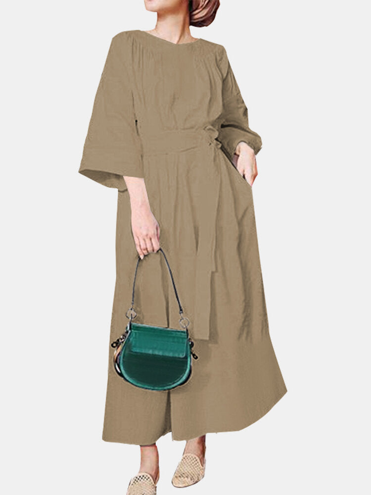 Vintage Solid 3/4 Length Sleeve Lace Knotted Elegant Women Dress