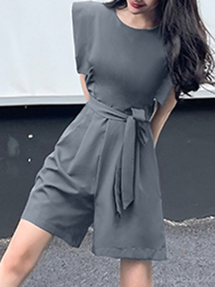 Solid Pocket Sleeveless Crew Neck  With Belt Women Romper