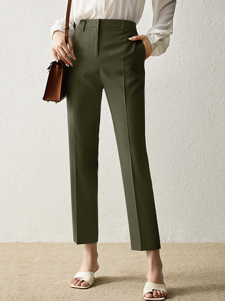 Solid Pocket Casual Zip Tailored Pants For Women