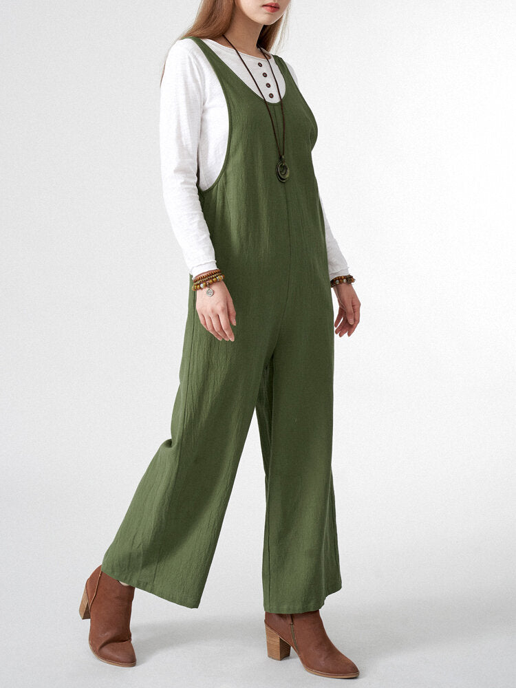 Solid Pocket Open Back Sleeveless Straight Leg  Women Jumpsuits