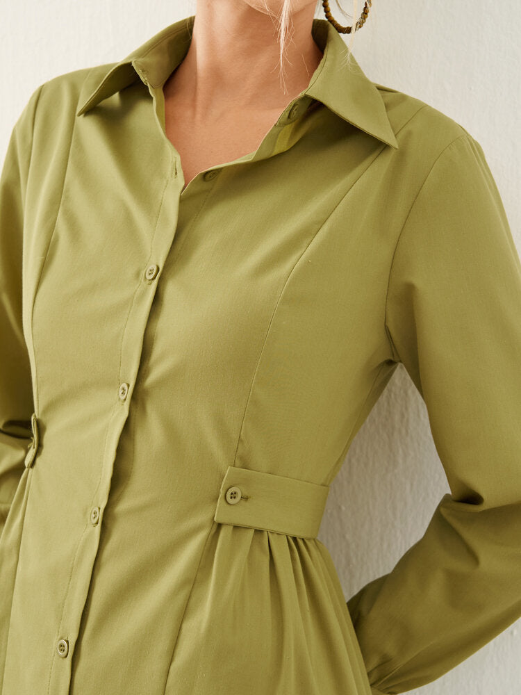 Solid Long Sleeve Button Front Lapel Women Dress